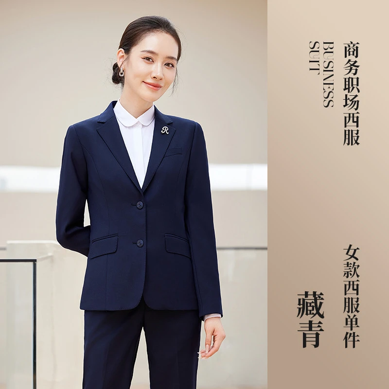 Tencel Wool Suit Men's Business Manager Slim Work Women's Suit Jacket Formal Navy Blue - 6