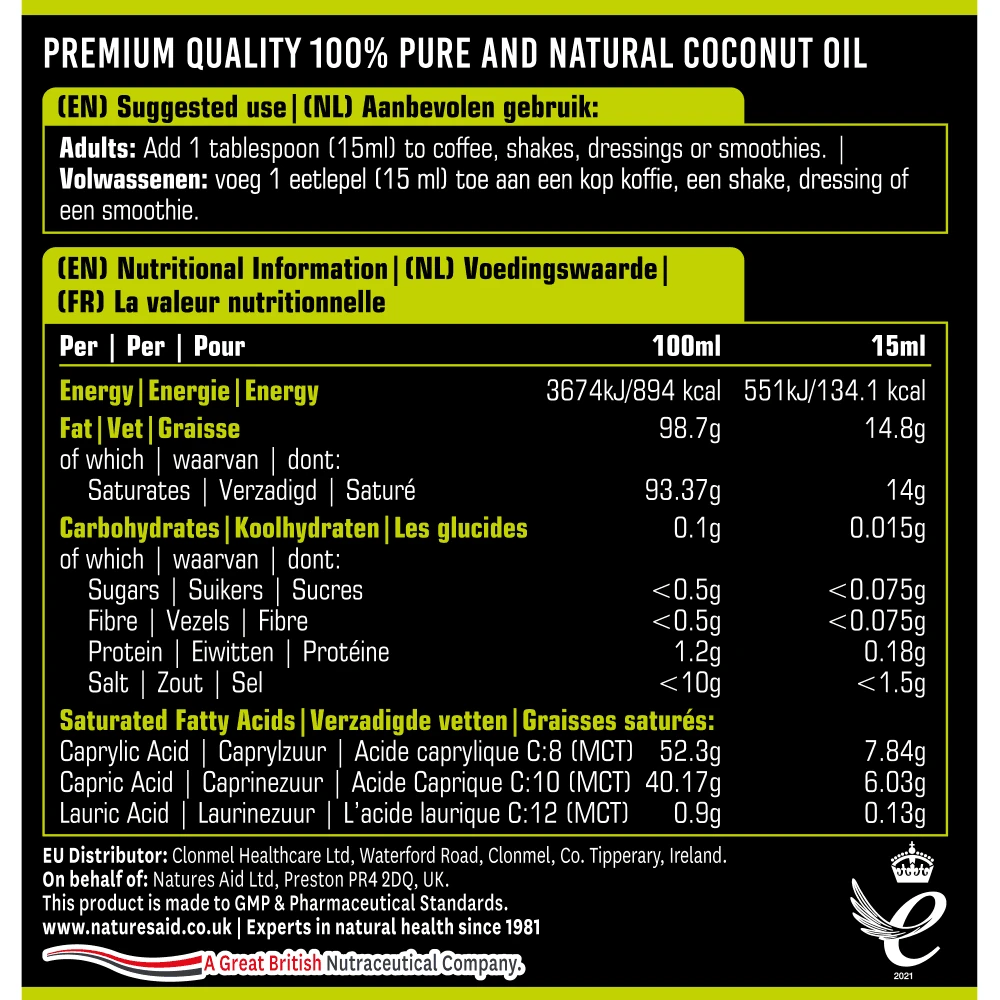 Natures Aid 100% MEDIUM-CHAIN TRIGLYCERIDES (MCT) Premium Coconut Oil- 500ml - 2