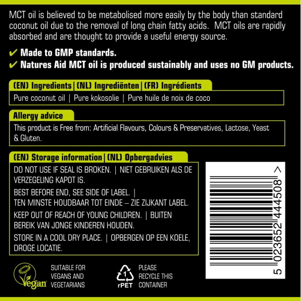 Natures Aid 100% MEDIUM-CHAIN TRIGLYCERIDES (MCT) Premium Coconut Oil- 500ml